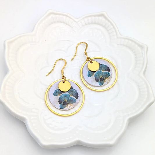 Boucles d’oreilles feuilles de Ginkgo en résine et acier inoxydable pour femme