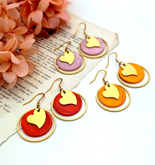 Boucles d’oreilles Coeur et nacre colorée, chaîne en acier inoxydable Or ou Argent