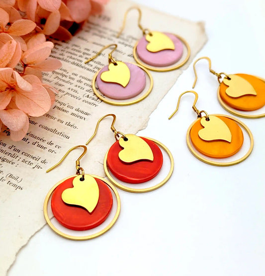 Boucles d’oreilles Coeur et nacre colorée, chaîne en acier inoxydable Or ou Argent