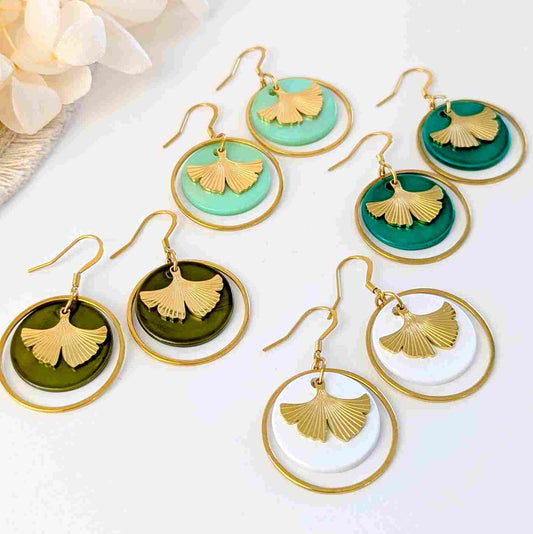 Boucles d’oreilles feuilles de Ginkgo japonaises en nacre et acier inoxydable