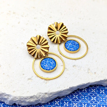 Boucles d'oreilles Fleur et cabochon en résine pour femme - Grèce