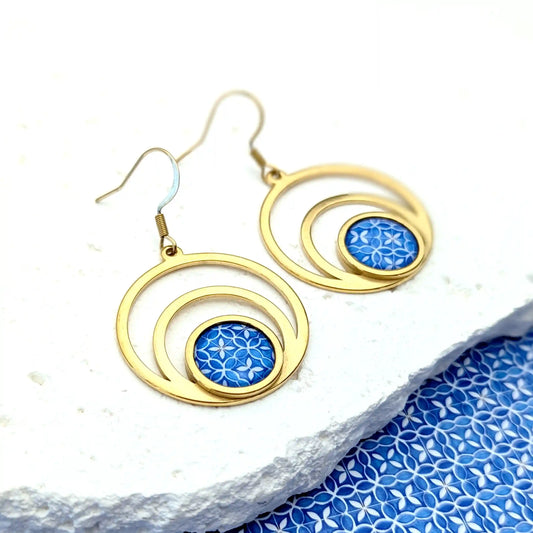 Boucles d'oreilles créoles cabochon en résine pour femme - Grèce