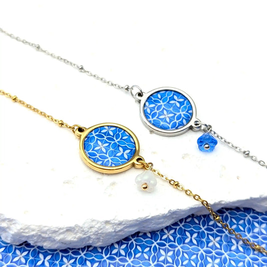 Bracelet cabochon et fleur en verre - Mosaïque bleue