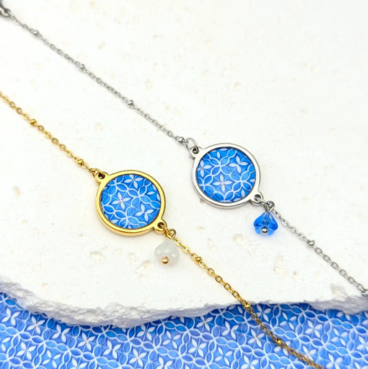 Bracelet cabochon et fleur en verre - Mosaïque bleue