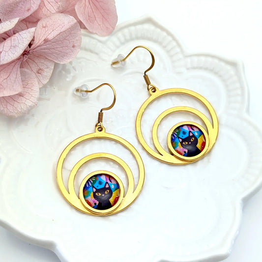 Boucles d'oreilles Chat et fond multicolore pour femme