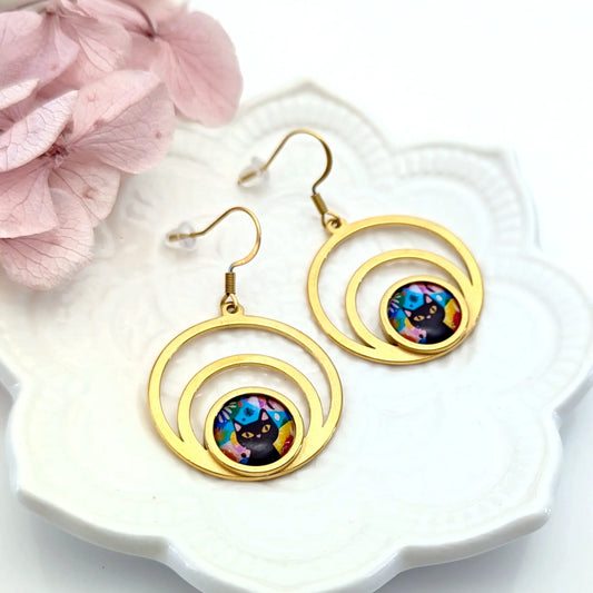 Boucles d'oreilles Chat et fond multicolore pour femme