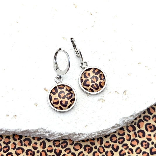 Petites boucles d'oreilles dormeuses pendentifs cabochons pour femme - Léopard