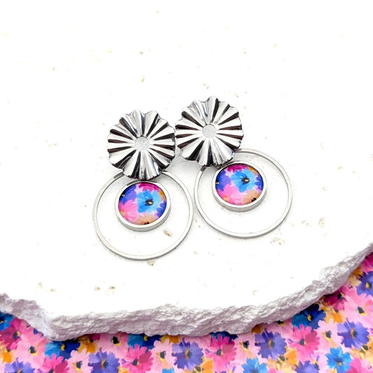 Boucles d'oreilles Fleurs et cabochon en résine pour femme - Fleurs mauves