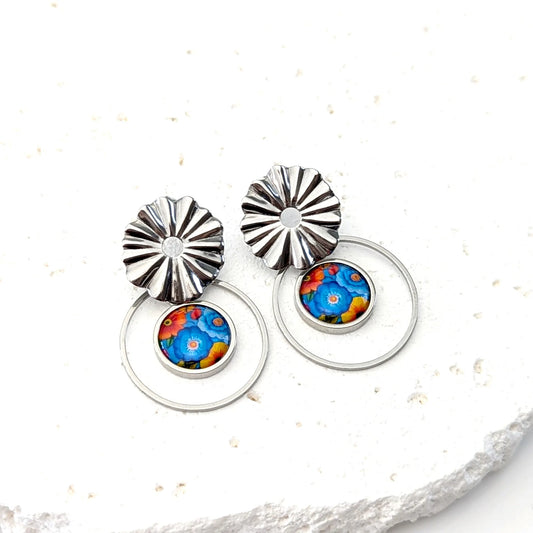 Boucles d'oreilles cabochon boho chic bleu et orange pour femme