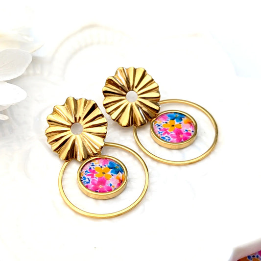 Boucles d'oreilles cabochon en résine pour femme - Floraison d'été