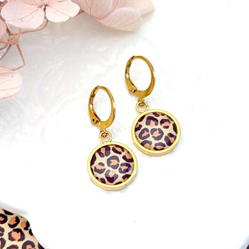 Petites boucles d'oreilles dormeuses pendentifs cabochons pour femme - Léopard