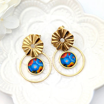 Boucles d'oreilles cabochon boho chic bleu et orange pour femme