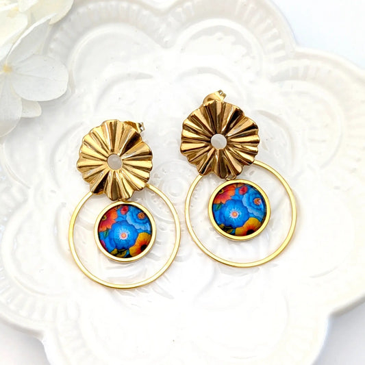Boucles d'oreilles cabochon boho chic bleu et orange pour femme