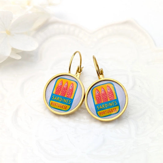 Boucles d'oreilles dormeuses cabochons pour femme - Sardines rouges