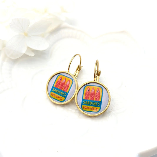 Boucles d'oreilles dormeuses cabochons pour femme - Sardines rouges