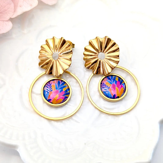 Boucles d'oreilles cabochon en résine pour femme - Floral Boho chic