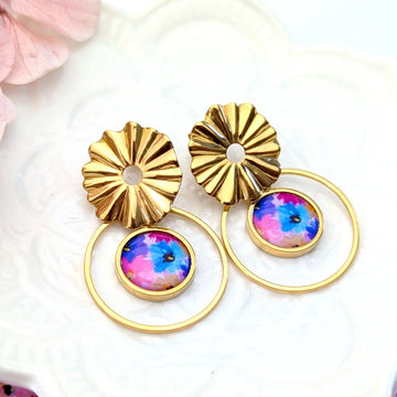 Boucles d'oreilles Fleurs et cabochon en résine pour femme - Fleurs mauves