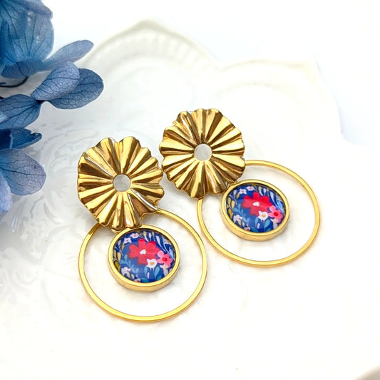 Boucles d'oreilles cabochon en résine pour femme - Fleur champêtre