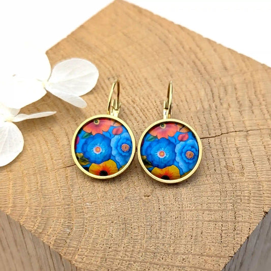 Boucles d'oreilles dormeuses cabochons pour femme - Art folk