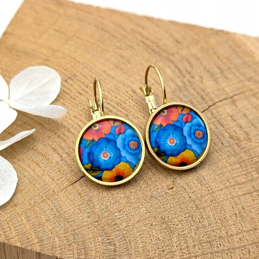 Boucles d'oreilles dormeuses cabochons pour femme - Art folk