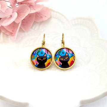 Boucles d'oreilles Dormeuses Chat et fond multicolore pour femme