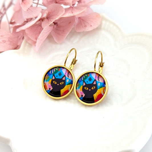 Boucles d'oreilles Dormeuses Chat et fond multicolore pour femme