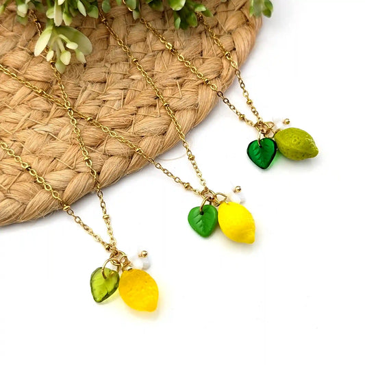 Collier pendentif Citrons jaune ou vert en verre