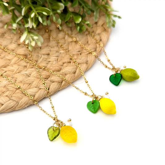 Collier pendentif Citrons jaune ou vert en verre