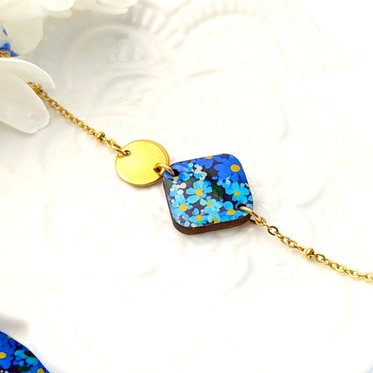 Bracelet en bois, résine et acier inoxydable - Fleurs bleu nuit