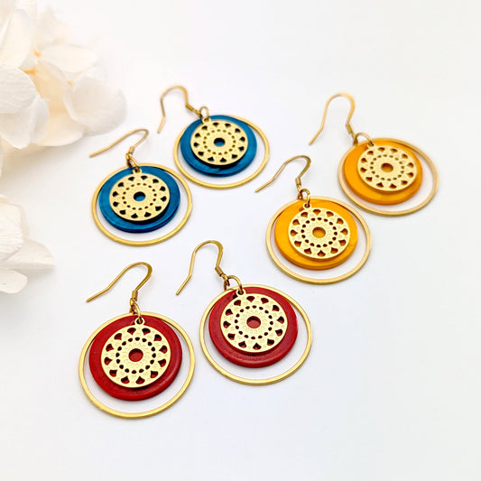 Boucles d’oreilles pendentifs rond en nacre et mandala en acier inoxydable