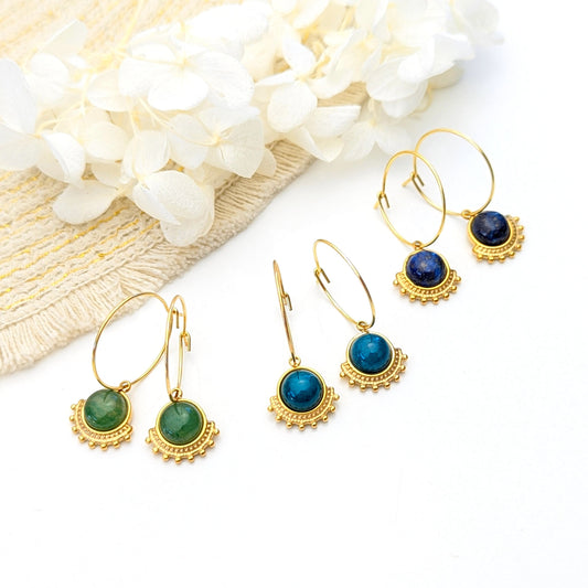 Boucles d'oreille créoles en pierre naturelle : Jade, Aventurine ou Lapis Lazuli