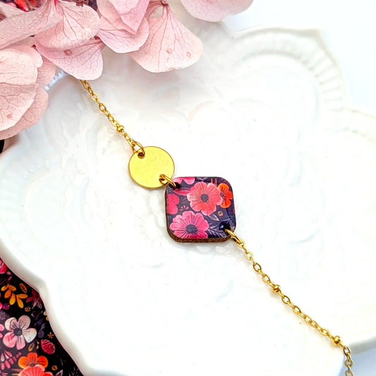 Bracelet en bois, résine et acier inoxydable - Floral bordeaux et vieux rose