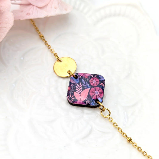 Bracelet en bois, résine et acier inoxydable - Fleurs rose et mauve
