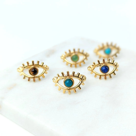 Bague Oeil en acier inoxydable ajustableet cabochon pierre naturelle au choix