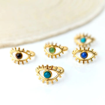 Bague Oeil en acier inoxydable ajustableet cabochon pierre naturelle au choix