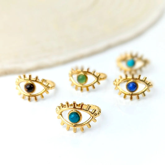 Bague Oeil en acier inoxydable ajustableet cabochon pierre naturelle au choix