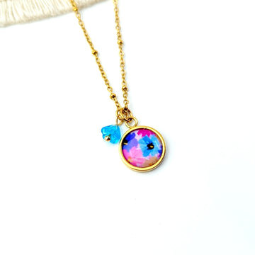 Collier pendentif cabochon et fleur en verre - Floral bleu et mauve