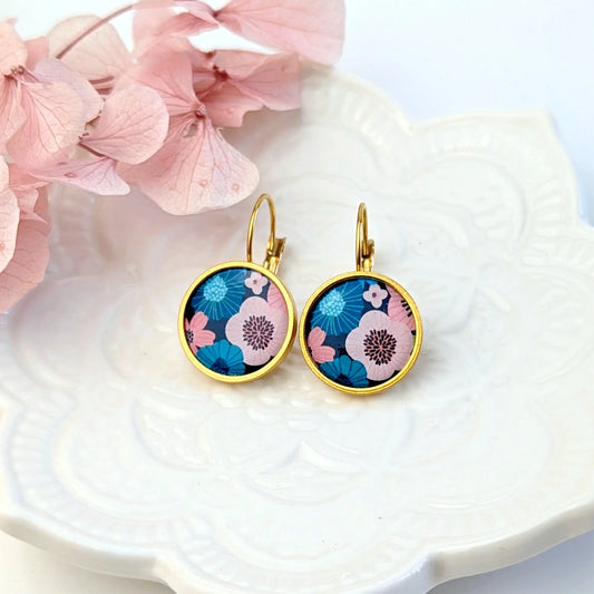 Boucles d'oreilles dormeuses cabochons pour femme - Floral rose et bleu canard