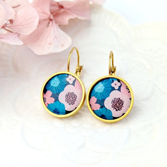 Boucles d'oreilles dormeuses cabochons pour femme - Floral rose et bleu canard
