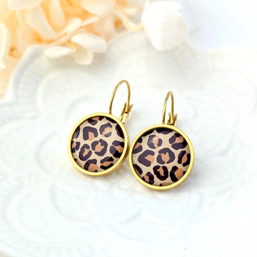 Boucles d'oreilles dormeuses cabochons pour femme - Léopard