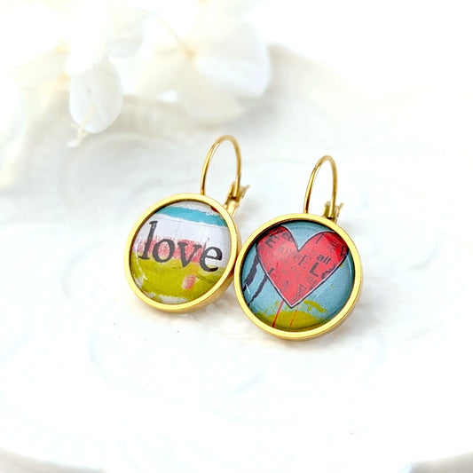 Boucles d'oreilles dormeuses cabochons pour femme - Vintage Love et Coeur