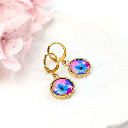 Petites boucles d'oreilles dormeuses pendentifs cabochons pour femme - Floral mauve et bleu