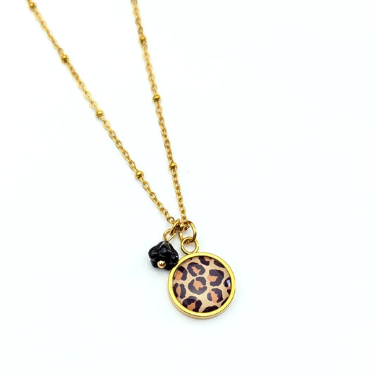 Collier pendentif cabochon et fleur en verre - Léopard