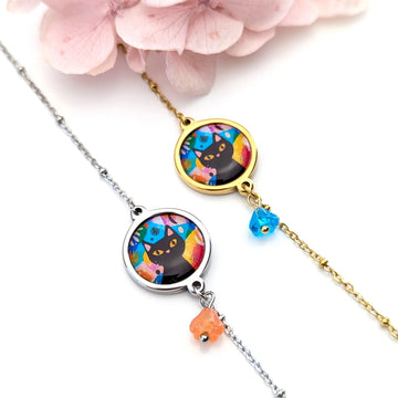 Bracelet cabochon et fleur en verre - Chat multicouleurs