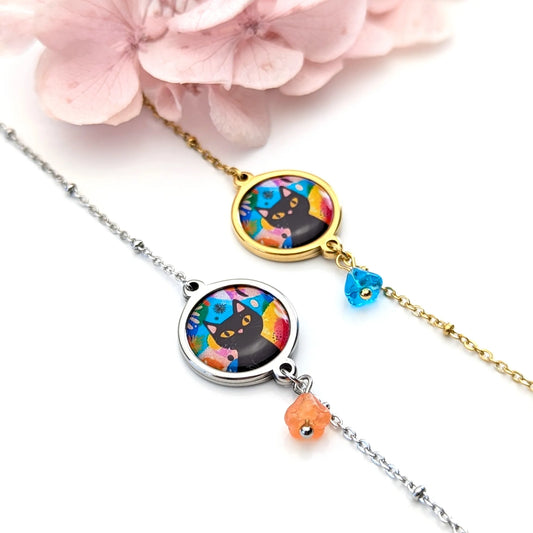 Bracelet cabochon et fleur en verre - Chat multicouleurs