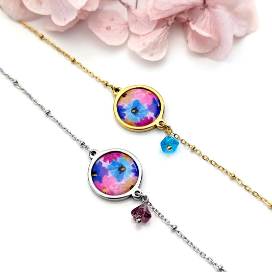 Bracelet cabochon et fleur en verre - Floral mauve et bleu