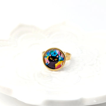Bague cabochon ajustable pour femme en acier inoxydable - Chat multicolore