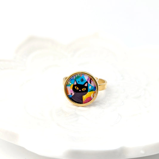 Bague cabochon ajustable pour femme en acier inoxydable - Chat multicolore