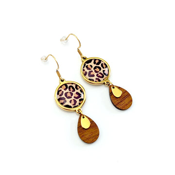 Boucles d'oreilles cabochons et gouttes en bois pour femme - Léopard