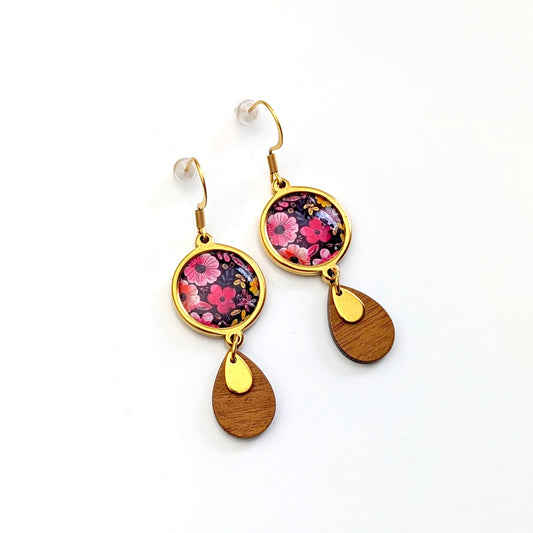 Boucles d'oreilles cabochons et gouttes en bois pour femme - Floral bordeaux et rose